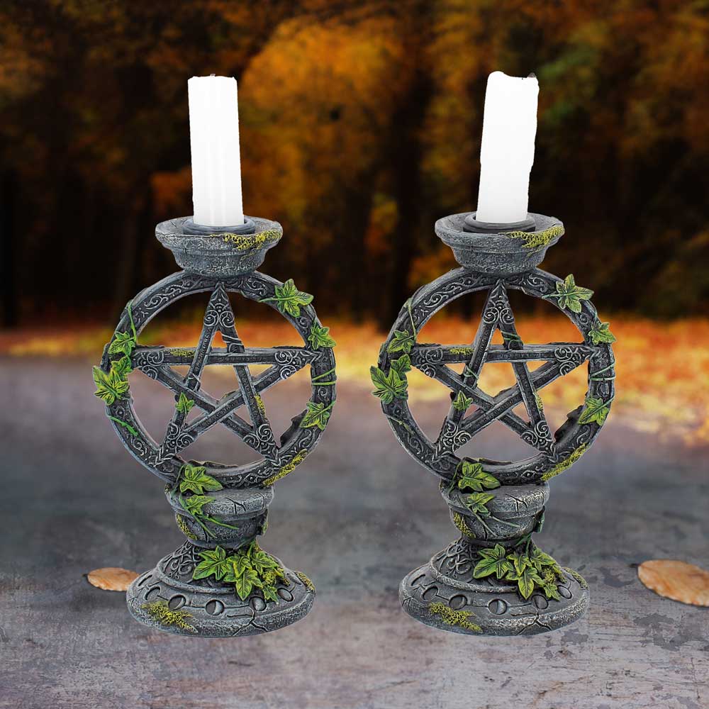 Set of 2 Wiccan Pentagram Candlesticks Witch Candle Holders