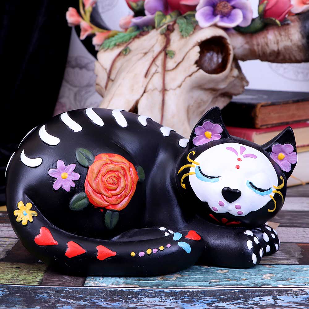 Sleepy Sugar Figurine Mexican Day of the Dead Sugar Skull Cat Ornament
